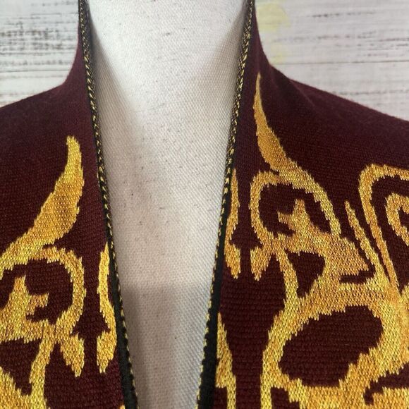 Vertigo Paris Gold Burgundy Motif Wool Open Front Long Cardigan Duster sz Small - Picture 7 of 16